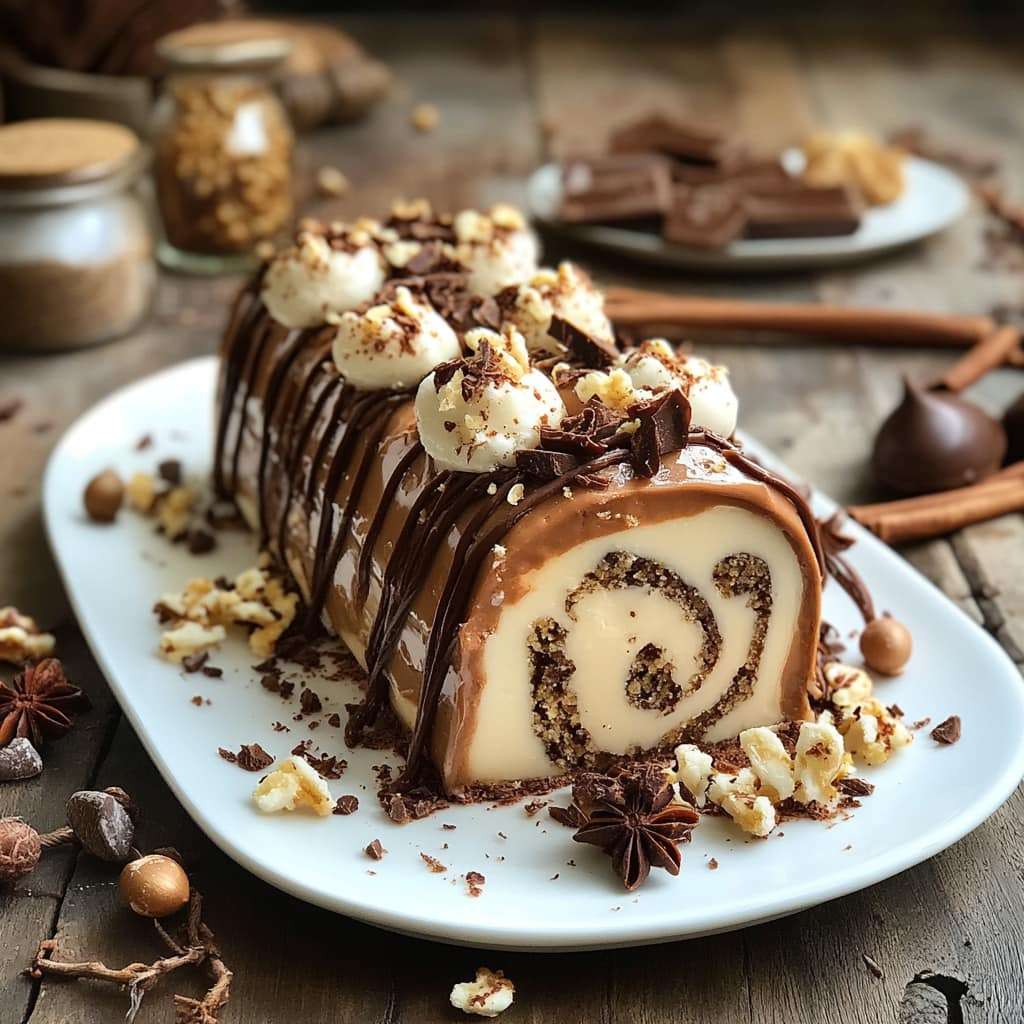 Bûche glacée à la vanille et chocolat, décorée de cacao en poudre et de copeaux de chocolat, servie sur un plat blanc élégant avec une garniture de noisettes.