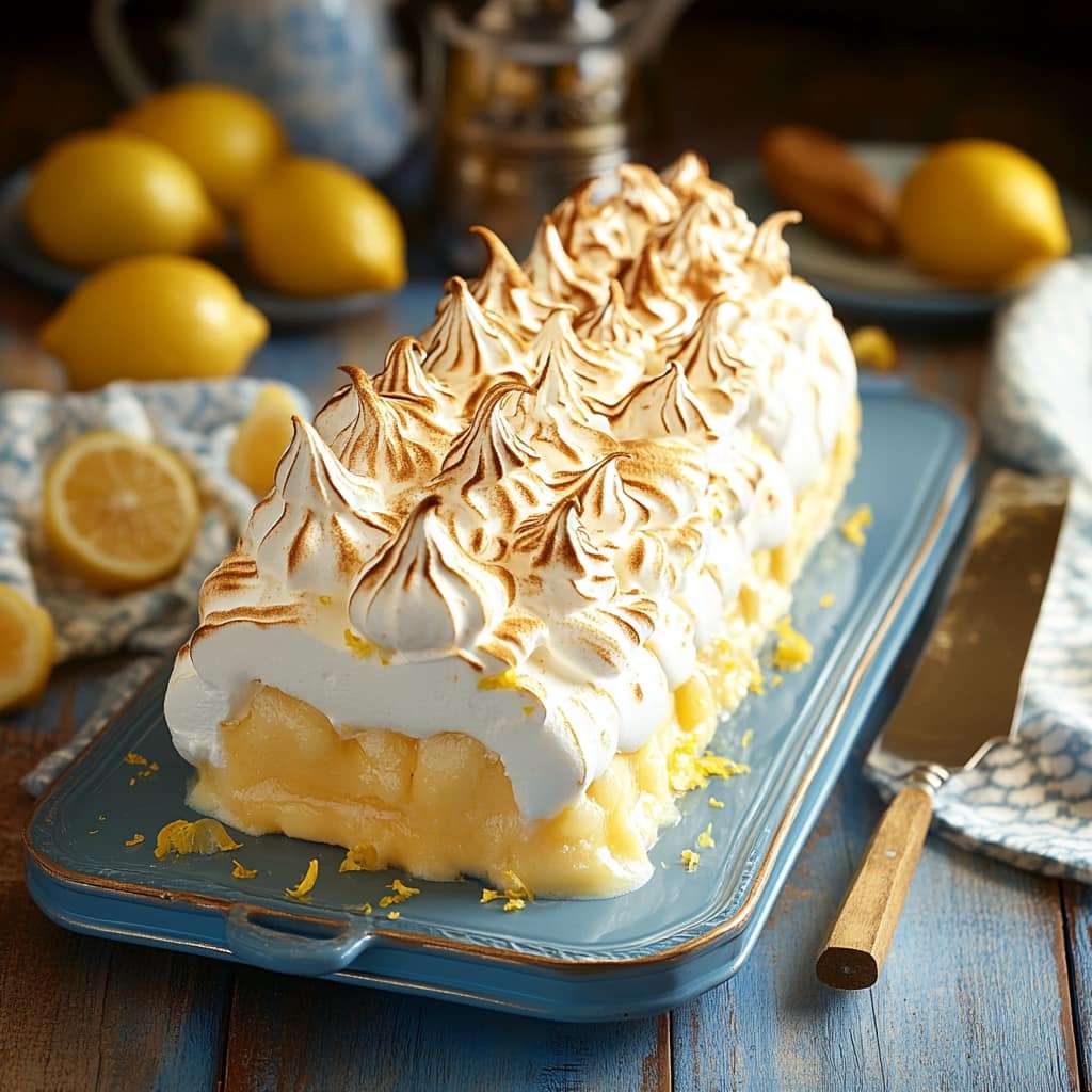 Bûche glacée citron meringuée, nappée d’une meringue dorée au chalumeau, présentée sur un plat élégant avec des zestes de citron en décoration.