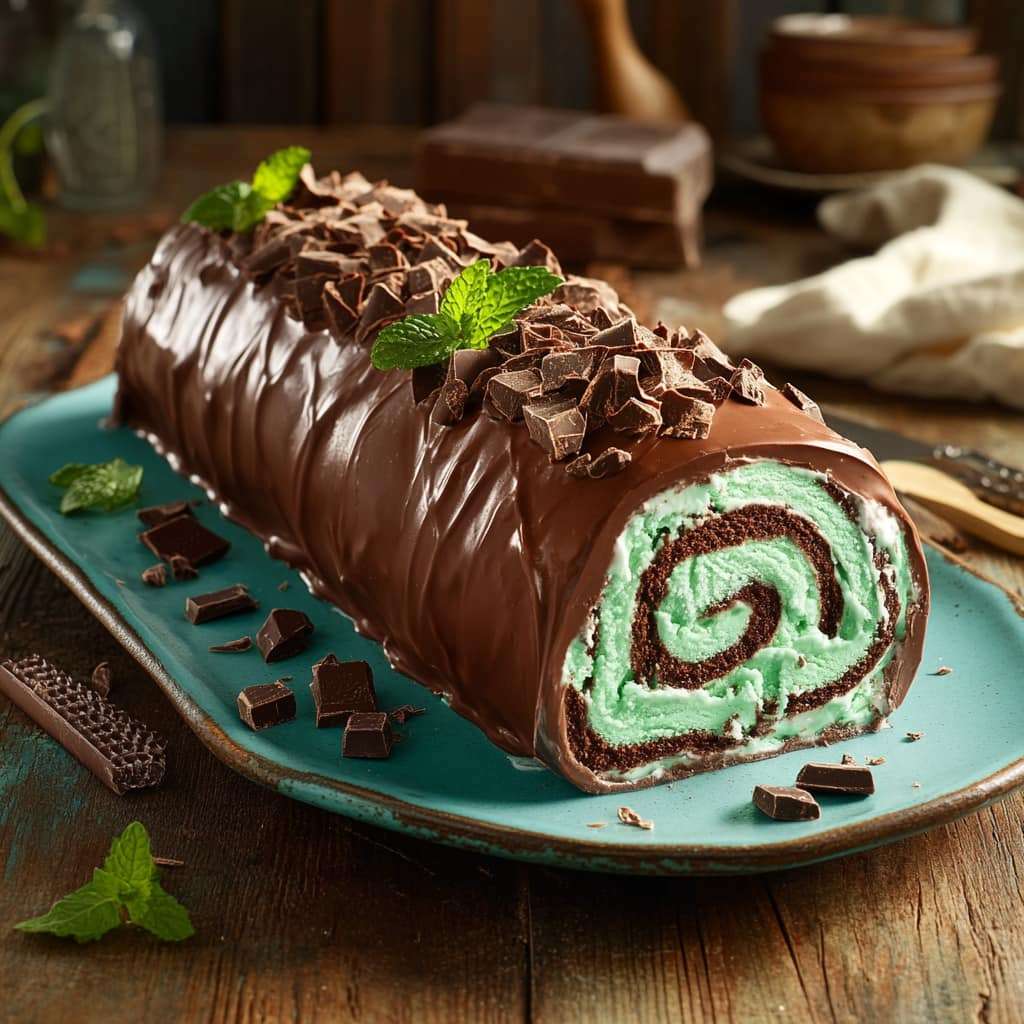 Bûche glacée menthe-chocolat, nappée de chocolat noir fondu, décorée de copeaux de chocolat et de feuilles de menthe fraîche, présentée sur un plat élégant.