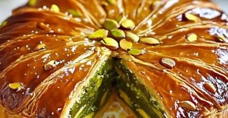 Une galette des Rois dorée et feuilletée, garnie de crème à la pistache, avec une fève cachée pour couronner le roi ou la reine.