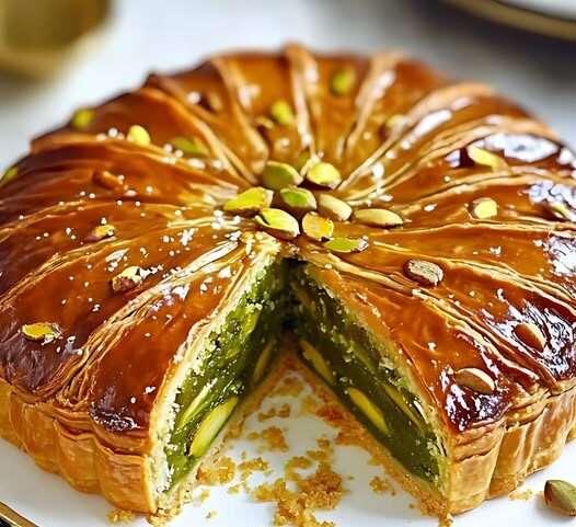 Une galette des Rois dorée et feuilletée, garnie de crème à la pistache, avec une fève cachée pour couronner le roi ou la reine.