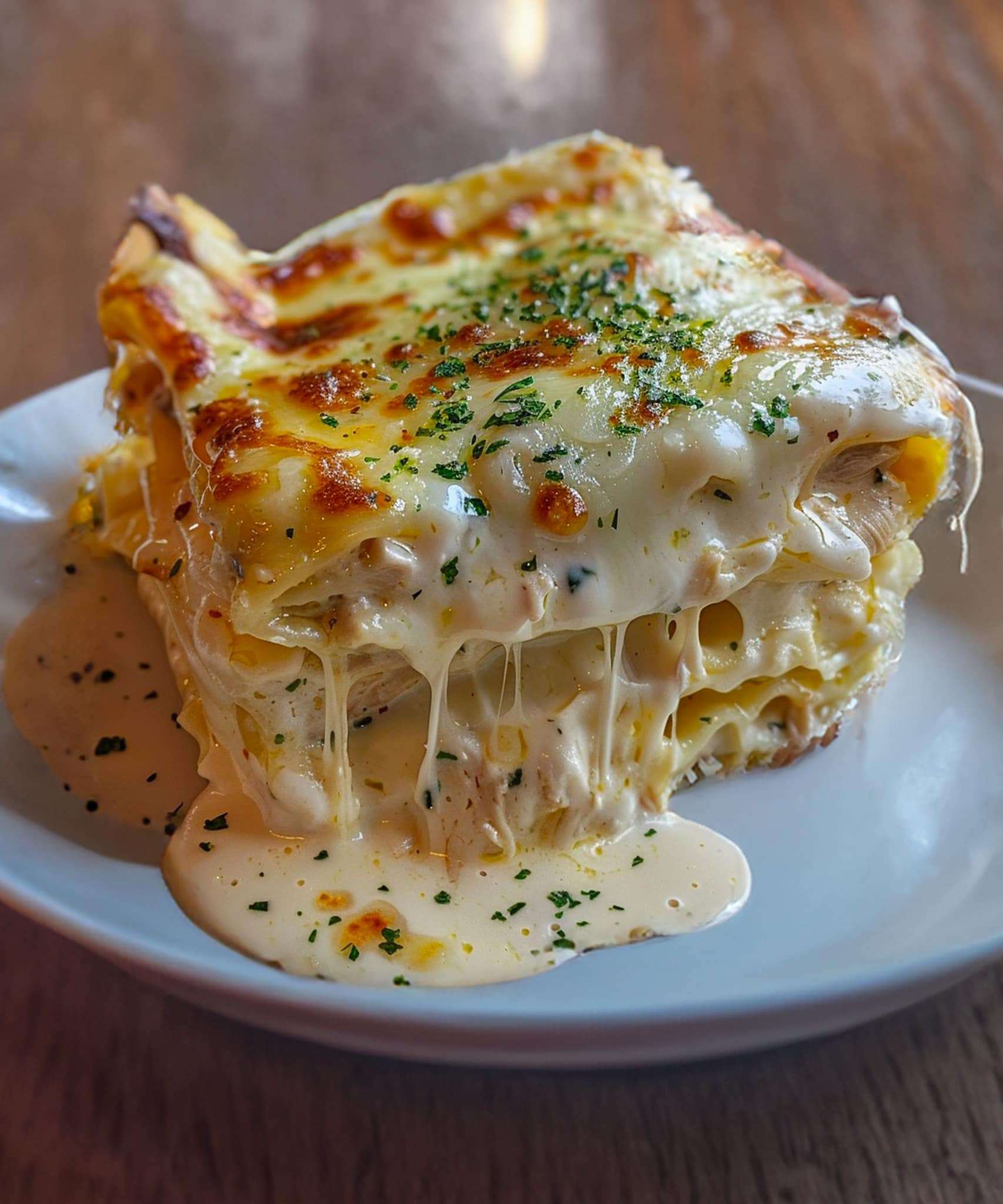 Plat de lasagnes au poulet et sauce blanche gratinées avec une croûte dorée et fromage fondu.