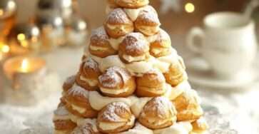 Sapin de Noël des profiteroles décoré de sucre glace et de perles colorées