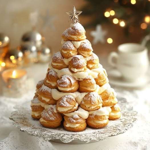 Sapin de Noël des profiteroles décoré de sucre glace et de perles colorées