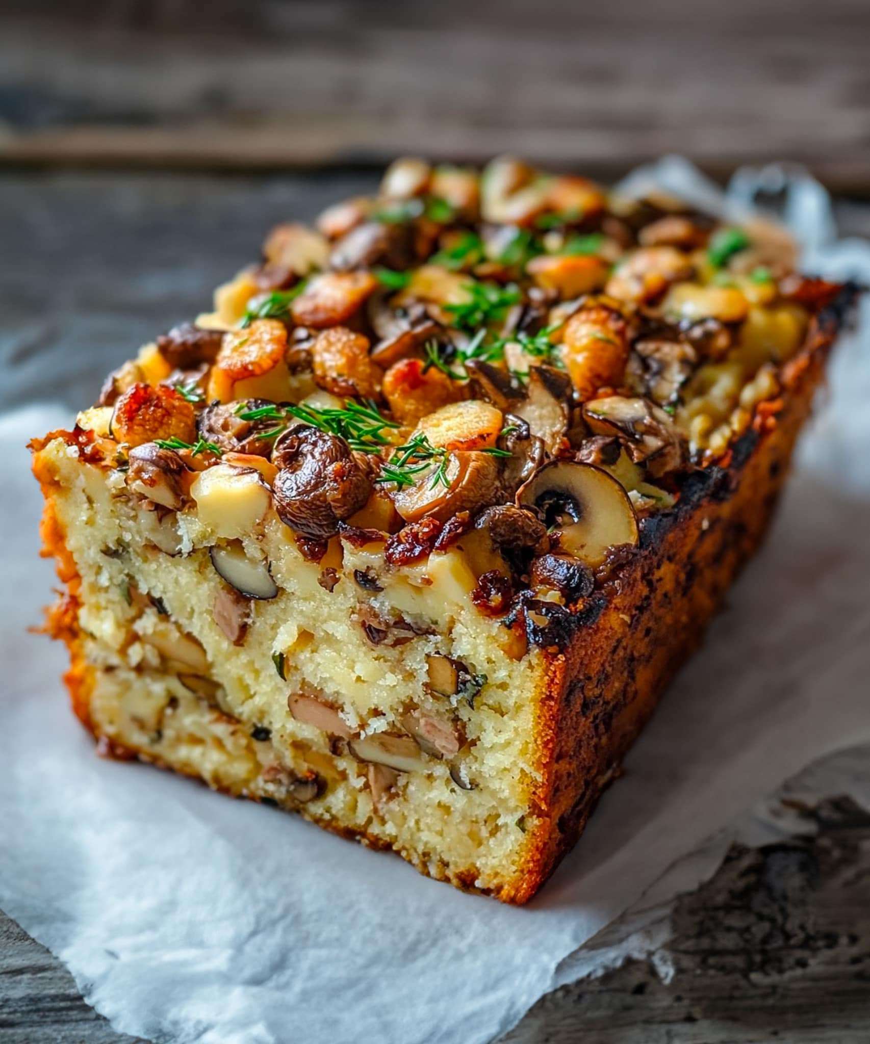 Tranches de cake aux champignons, comté et noisettes servies sur une planche en bois avec des herbes fraîches.