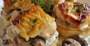 Un vol-au-vent doré et croustillant garni d'une sauce crémeuse au poulet et champignons, décoré de persil frais.