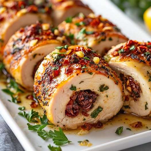 poulet roulé aux épinards doré garni d’épinards, tomates séchées et fromage de chèvre fondant, servi sur une assiette avec une salade de roquette fraîche.