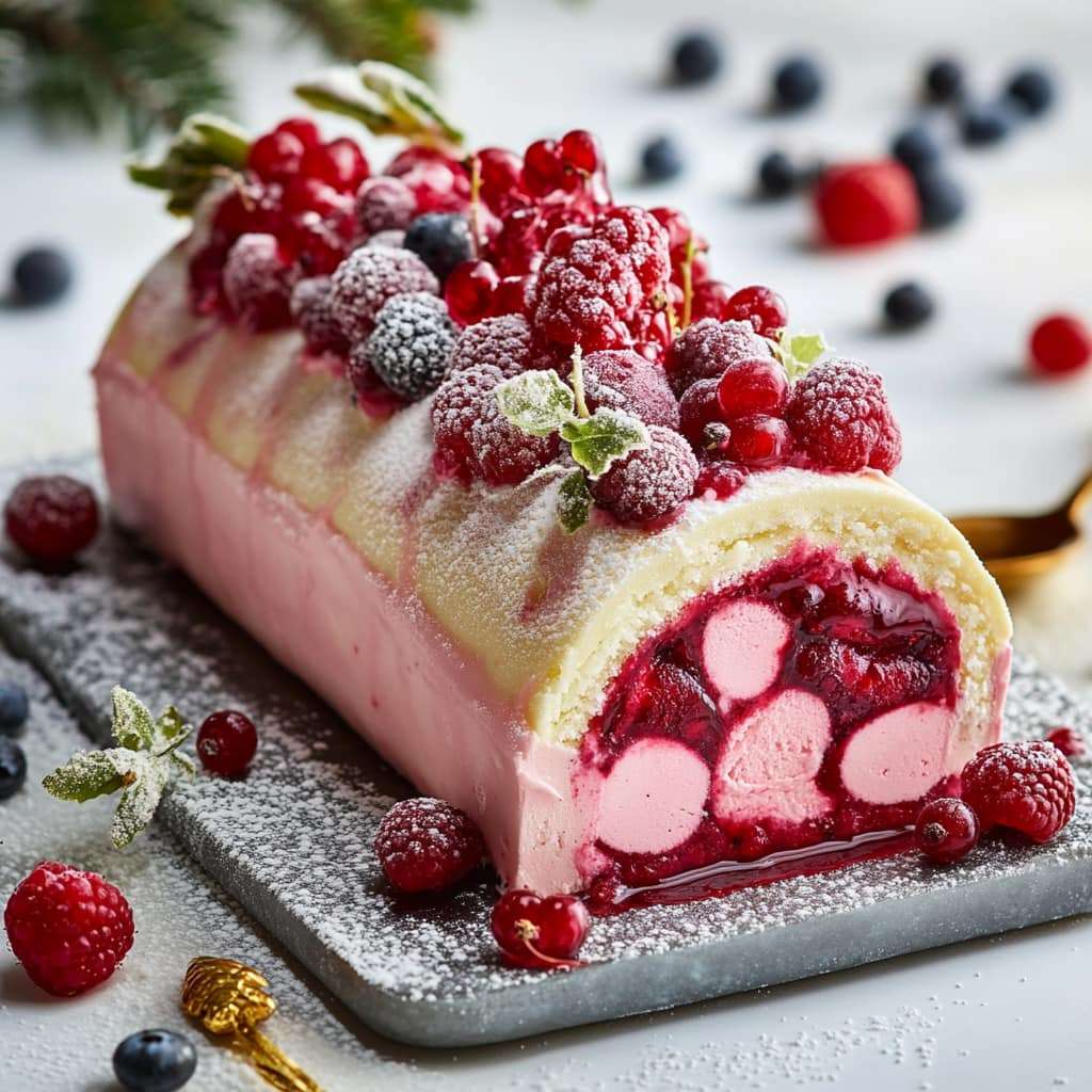 Bûche glacée aux fruits rouges et mascarpone, nappée de coulis de fruits rouges et garnie de fruits frais, présentée sur un plat blanc élégant.