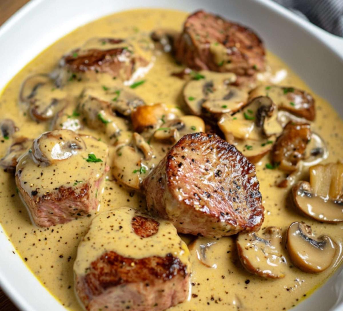 Un filet mignon tendre nappé de sauce crémeuse à la moutarde, garni de champignons dorés, servi avec des tagliatelles fraîches.