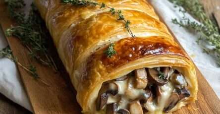 Feuilleté doré et croustillant aux champignons et fromage fondant, présenté sur une assiette avec une garniture de salade verte fraîche.