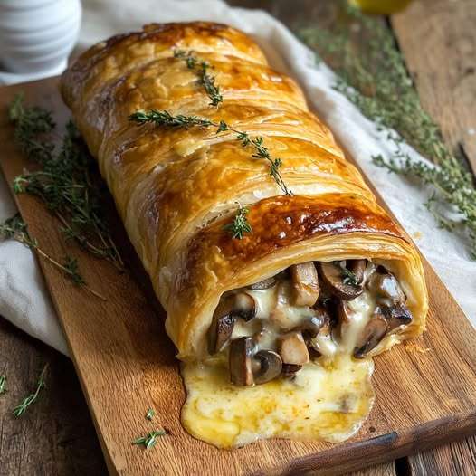 Feuilleté doré et croustillant aux champignons et fromage fondant, présenté sur une assiette avec une garniture de salade verte fraîche.