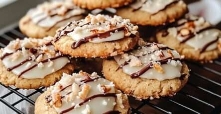 Biscuits sablés coco recouverts de chocolat blanc et noir, décorés de noix de coco râpée et d’éclats de noisettes, présentés sur une assiette élégante.