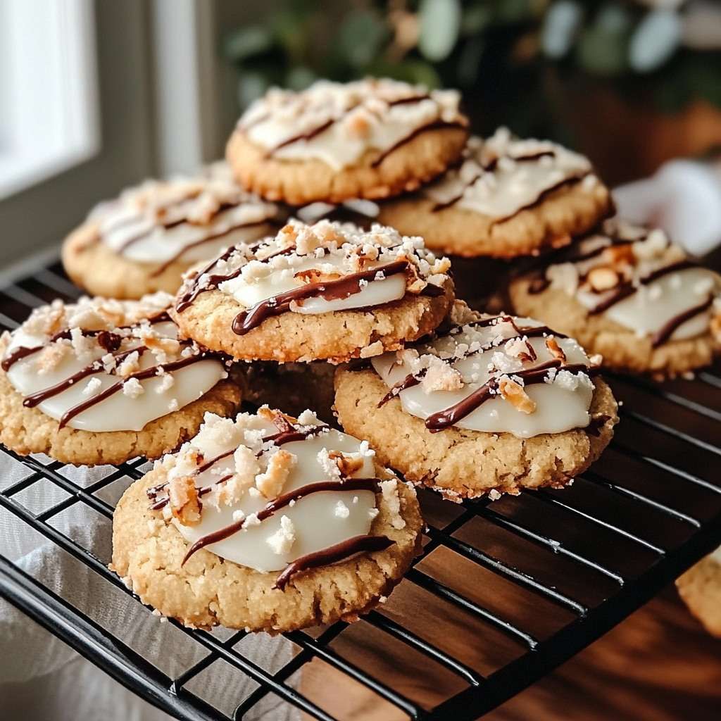 Biscuits sablés coco recouverts de chocolat blanc et noir, décorés de noix de coco râpée et d’éclats de noisettes, présentés sur une assiette élégante.