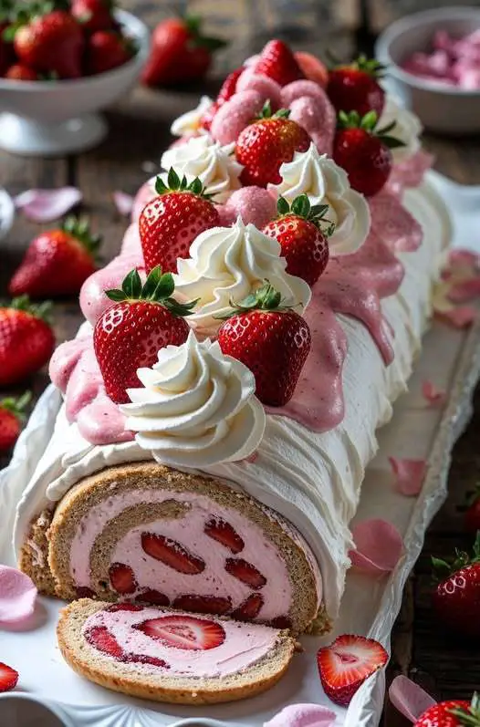 Bûche glacée aux fraises garnie de chantilly et de fraises fraîches, décorée avec des copeaux de chocolat blanc, présentée sur un plat élégant.