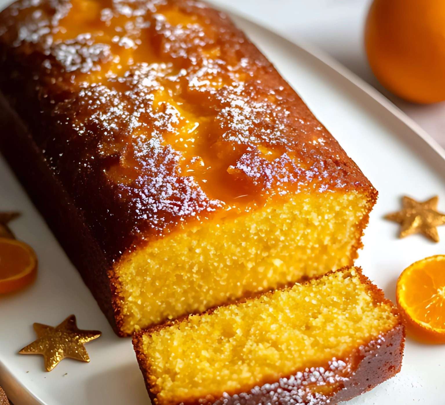 Une tranche de gâteau à l’orange dorée, servie avec un glaçage brillant et des zestes d’orange en garniture.