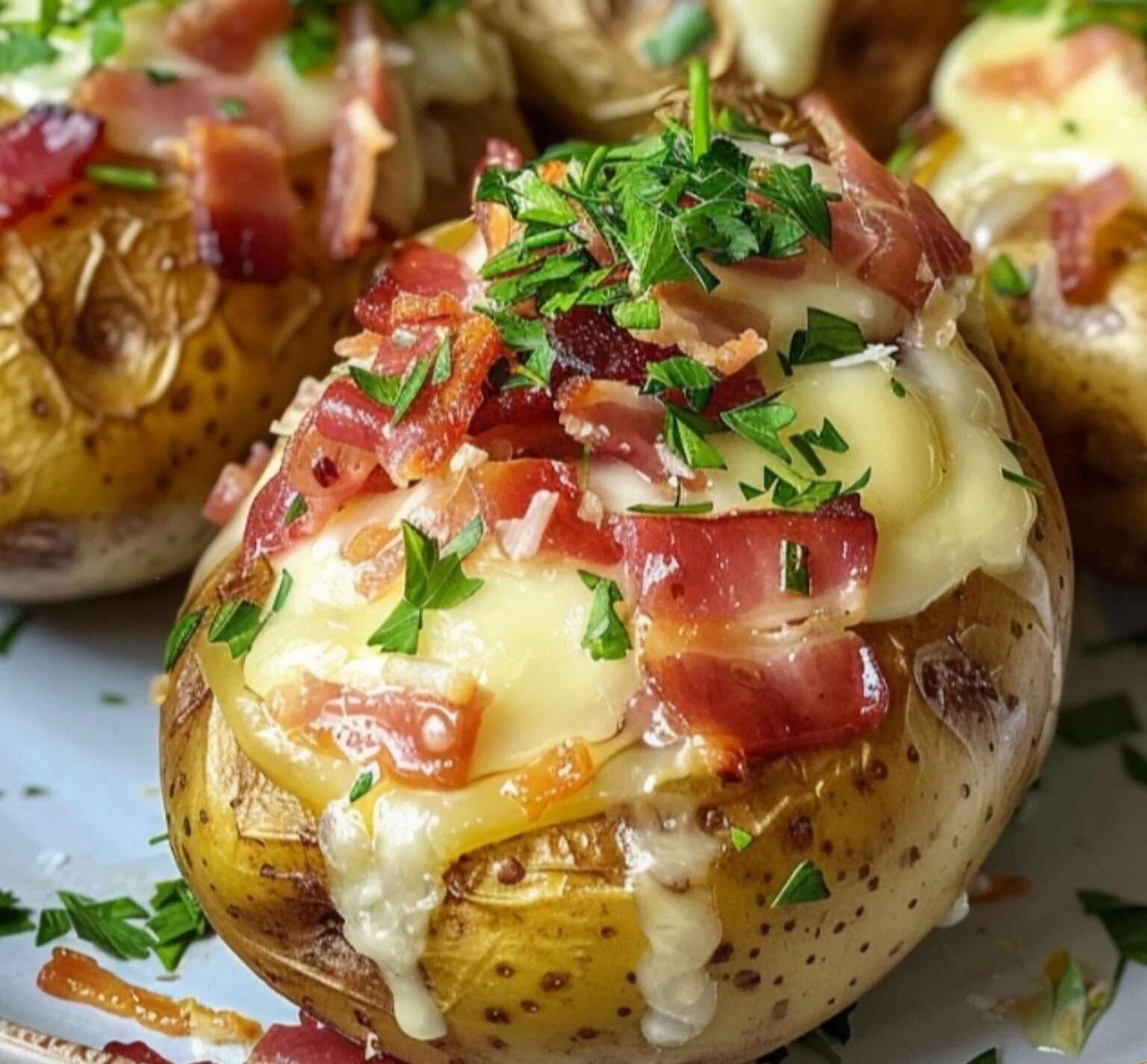 Des pommes de terre farcies, garnies de lardons, recouvertes de fromage reblochon fondu, servies dans un plat rustique.