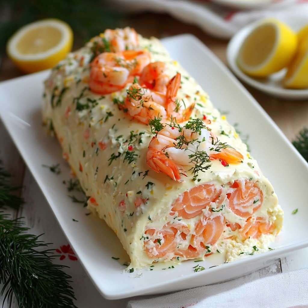 Une bûche de Noël salée élégante, garnie de saumon fumé, de crevettes et d'herbes fraîches, décorée pour un repas festif.