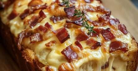 Une tranche de cake camembert lardons dorée et moelleuse, servie avec une salade verte et du thym frais.