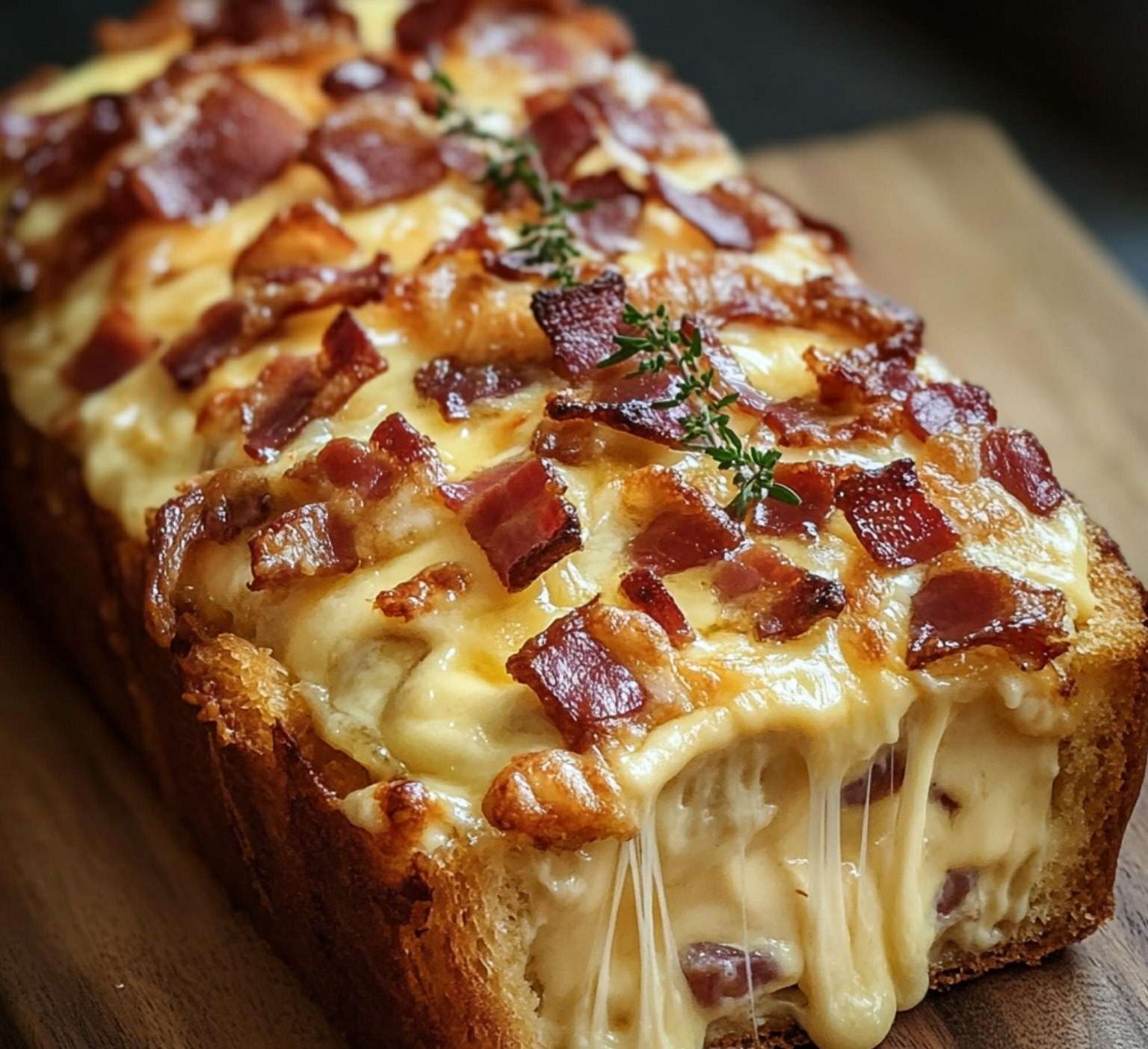 Une tranche de cake camembert lardons dorée et moelleuse, servie avec une salade verte et du thym frais.