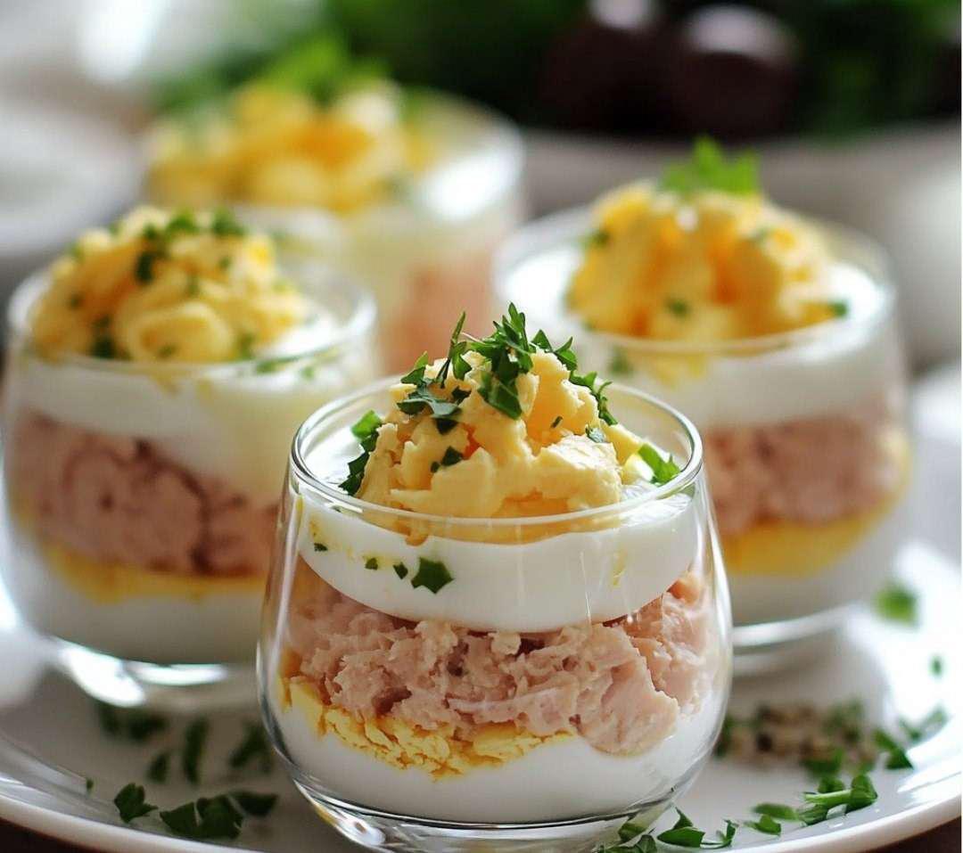 Verrines élégantes au thon, œufs mimosa, et mayonnaise, garnies de persil et d’une rondelle de citron, parfaites pour un apéritif festif.