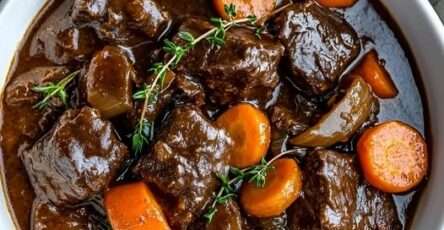 Un plat de bœuf bourguignon mijoté, servi chaud avec des légumes et un bouillon parfumé.