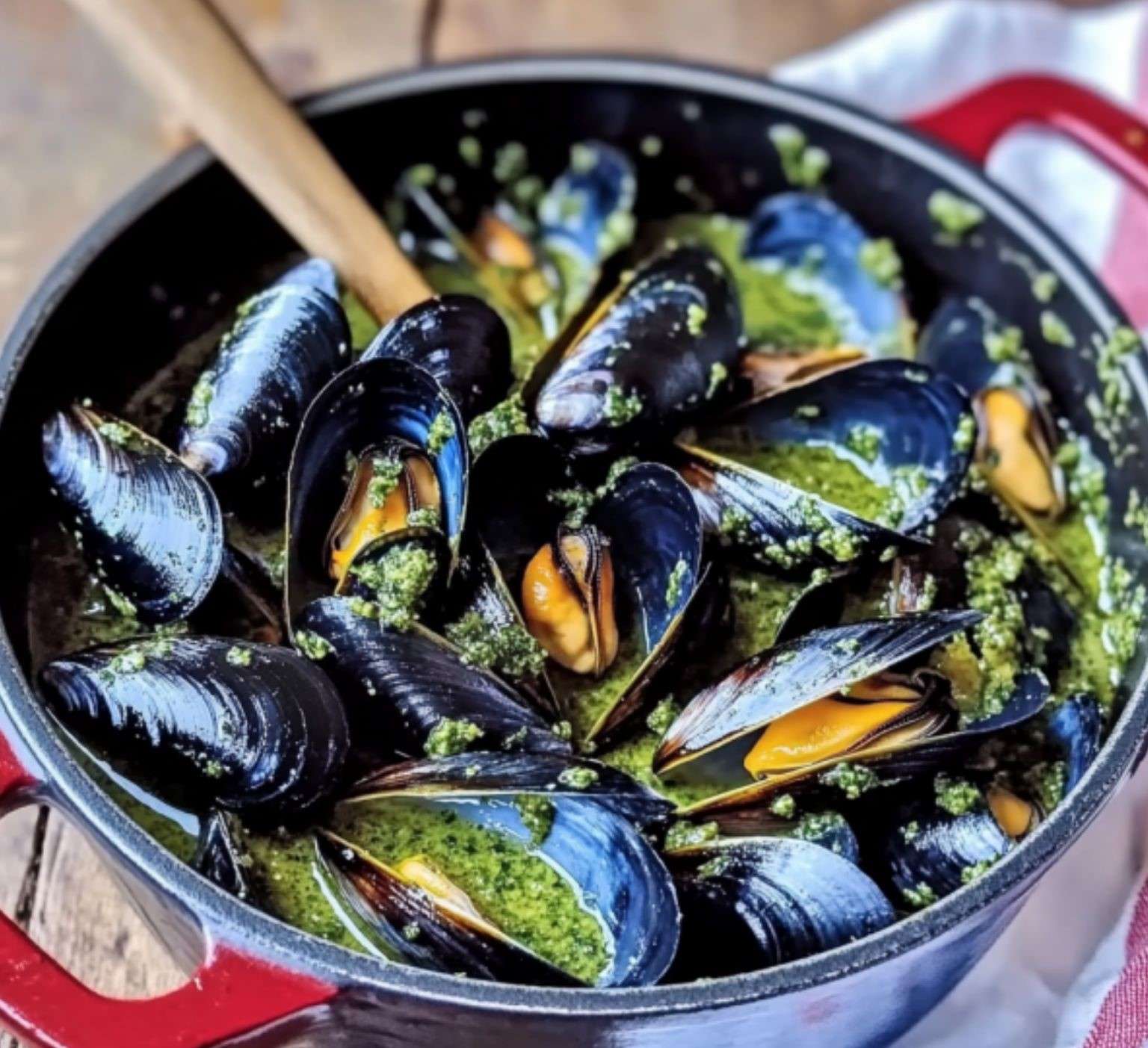 Moules au pesto servies dans un plat creux, accompagnées de pain grillé