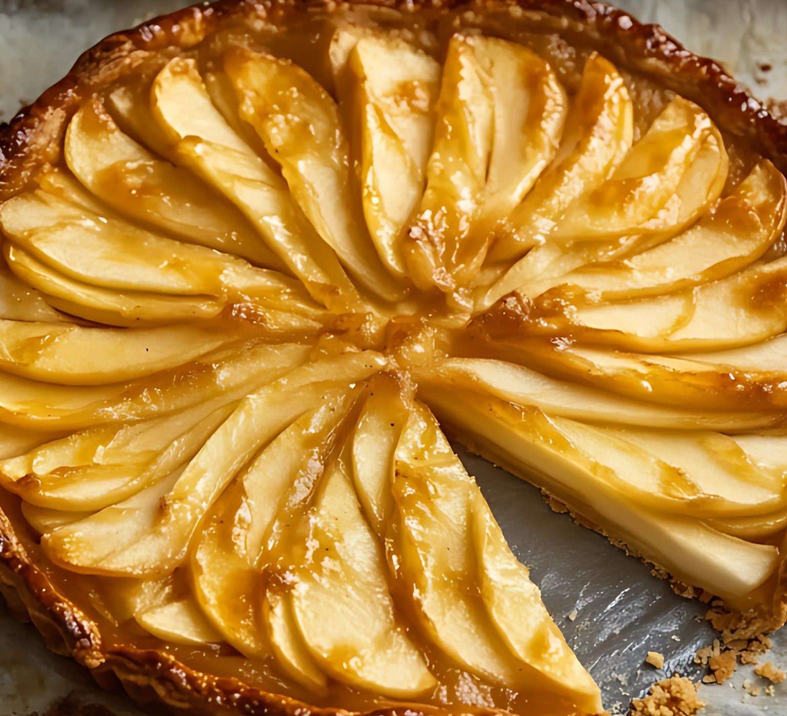 Une tarte fine aux pommes dorée, garnie de tranches de pommes finement disposées en rosace, servie sur une assiette élégante.