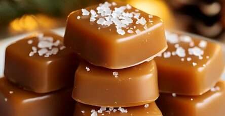 Carrés de caramels mous au beurre salé avec une pincée de fleur de sel, présentés dans un joli papier