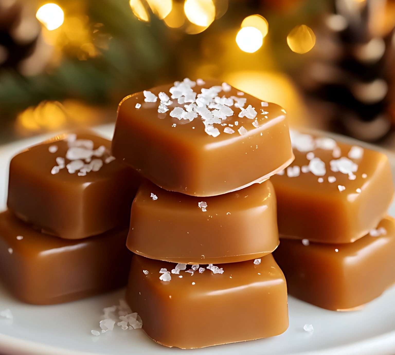 Carrés de caramels mous au beurre salé avec une pincée de fleur de sel, présentés dans un joli papier