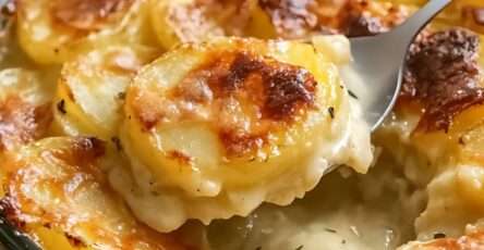 Gratin dauphinois doré et crémeux dans un plat à gratin, prêt à être servi