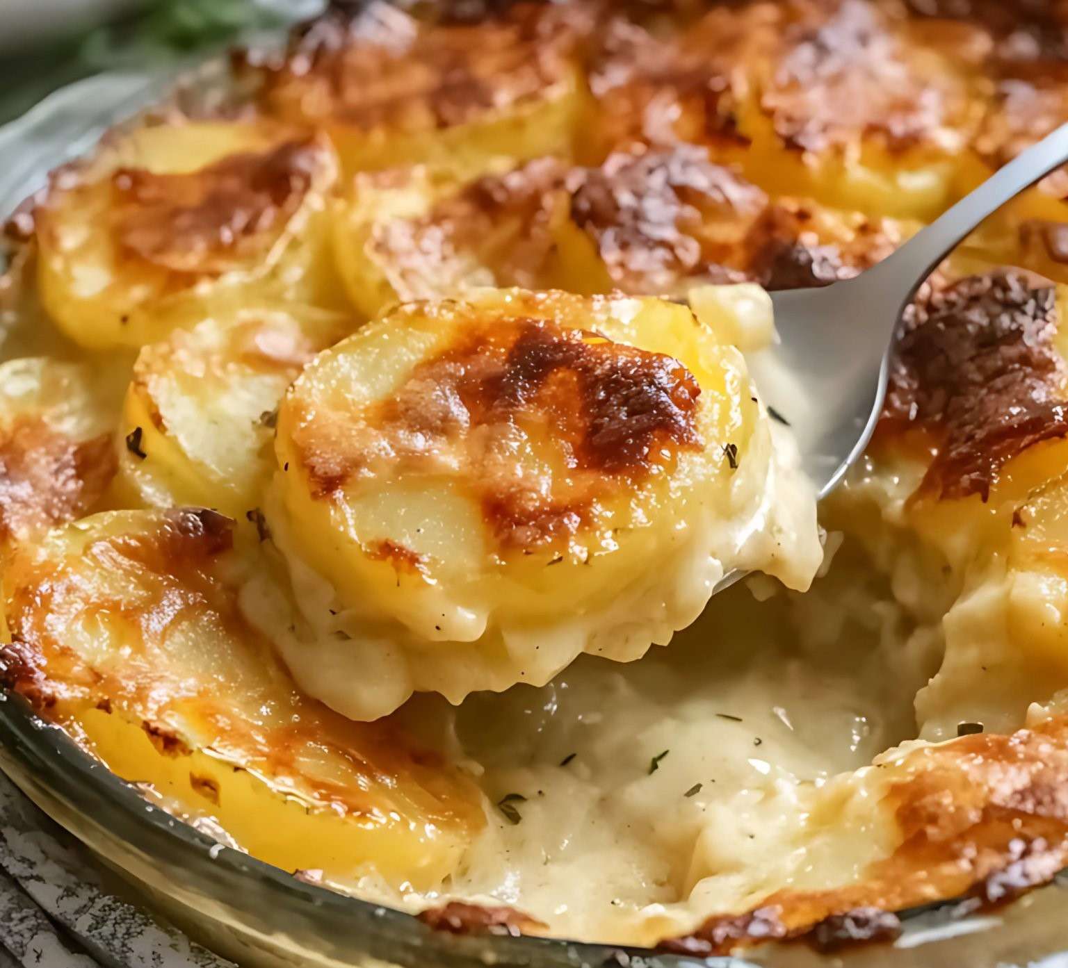 Gratin dauphinois doré et crémeux dans un plat à gratin, prêt à être servi