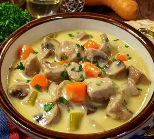 Plat de blanquette de veau à l’ancienne servi avec du riz et des légumes