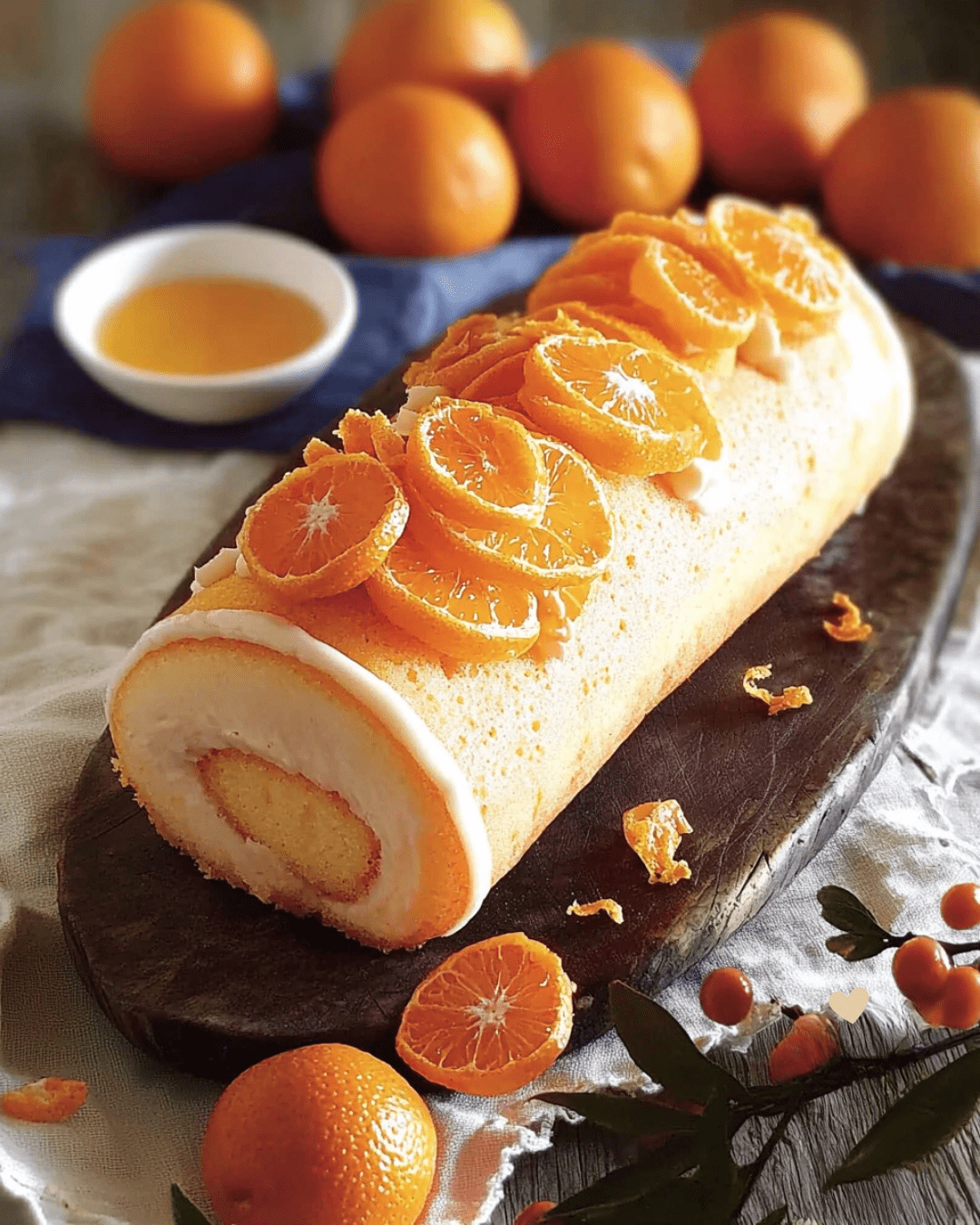 Une bûche Ensoleillée délicate et lumineuse, nappée d’un flocage orange, garnie de zestes de clémentines et posée sur une base croquante de pâte sablée.