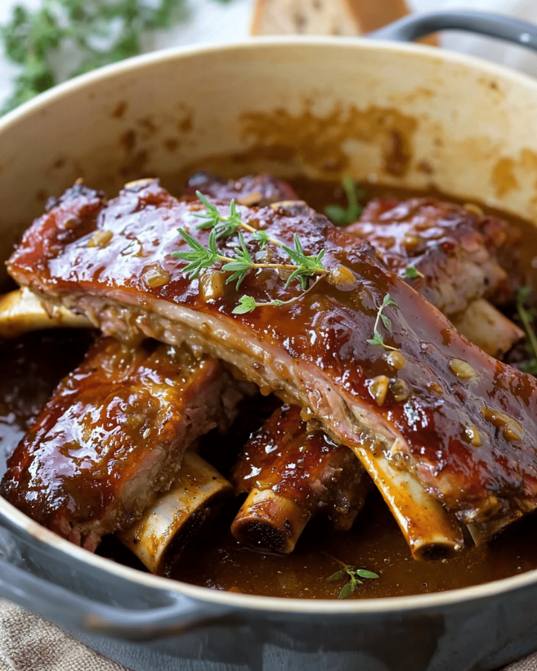 Travers de porc moelleux en cocotte, servis avec un jus aromatique et des légumes de saison.