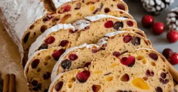 Stollen alsacien traditionnel, saupoudré de sucre glace, coupé en tranches et garni de fruits confits et de pâte d’amande.