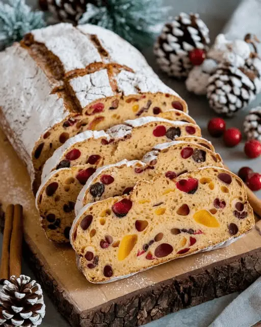 Stollen alsacien traditionnel, saupoudré de sucre glace, coupé en tranches et garni de fruits confits et de pâte d’amande.