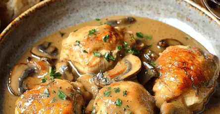 Poulet rôti nappé de sauce au Porto et champignons, garni de persil frais, servi dans une assiette élégante.