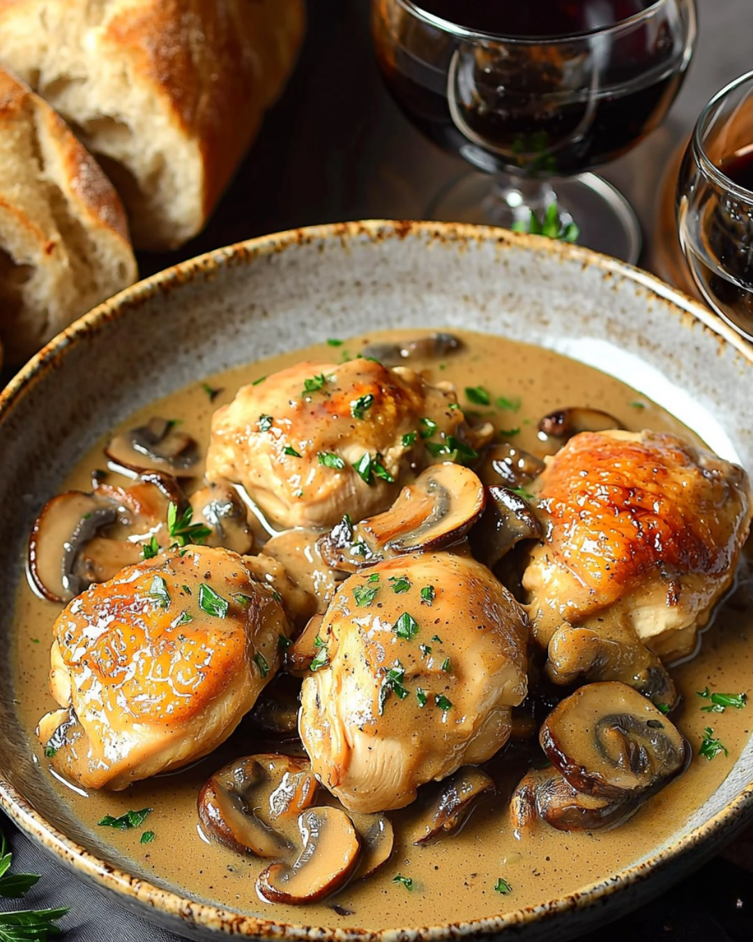 Poulet rôti nappé de sauce au Porto et champignons, garni de persil frais, servi dans une assiette élégante.