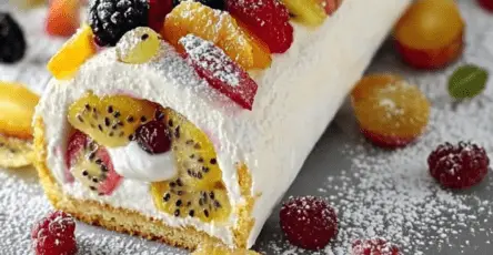 Bûche de Noël au yaourt et fruits frais décorée de tranches de mangue, kiwi, et graines de grenade.