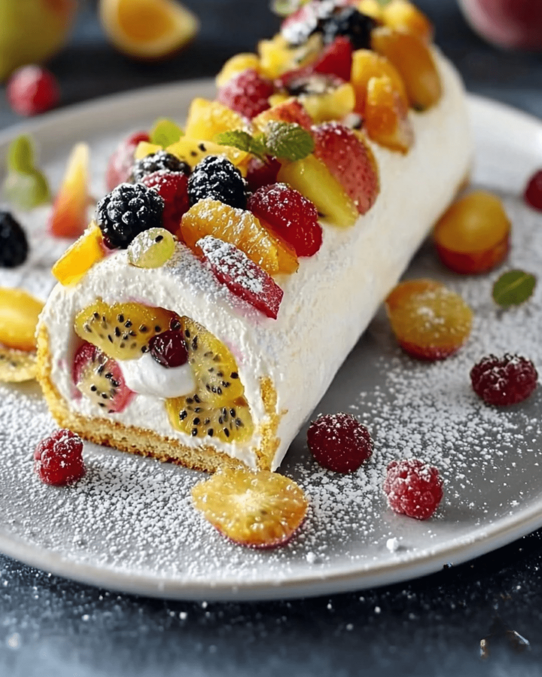 Bûche de Noël au yaourt et fruits frais décorée de tranches de mangue, kiwi, et graines de grenade.