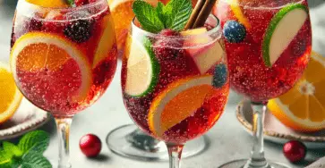 Un pichet de sangria sans alcool, rempli de fruits colorés et de glaçons, servi avec des verres décorés de feuilles de menthe fraîche.