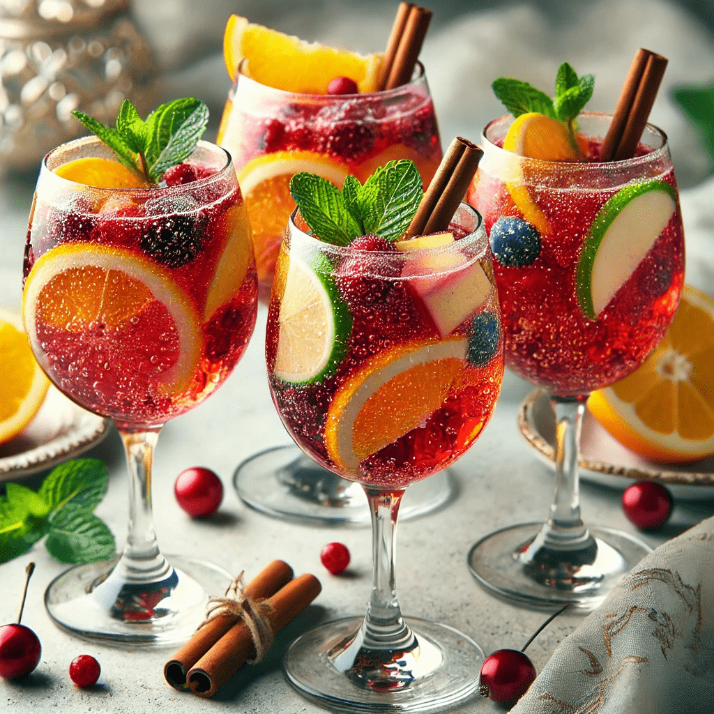 Un pichet de sangria sans alcool, rempli de fruits colorés et de glaçons, servi avec des verres décorés de feuilles de menthe fraîche.