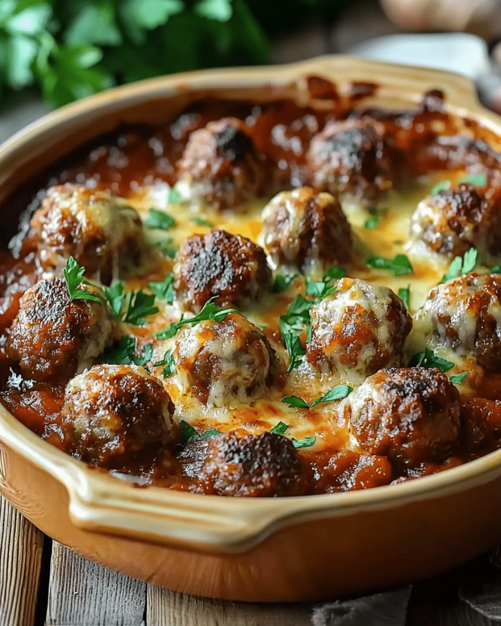 Gratin de Boulettes de Viande fondant, garni de mozzarella dorée et nappé de sauce tomate maison.