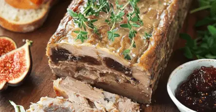 Terrine maison de canard confit et foie gras, joliment présentée dans une terrine en céramique, accompagnée de pain grillé et de cornichons.