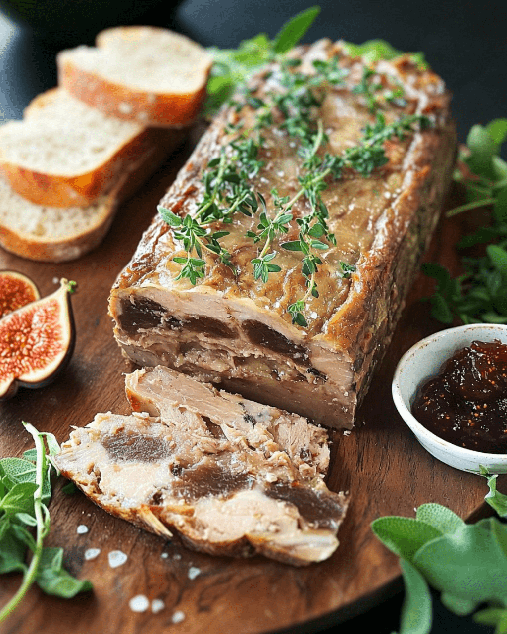 Terrine maison de canard confit et foie gras, joliment présentée dans une terrine en céramique, accompagnée de pain grillé et de cornichons.