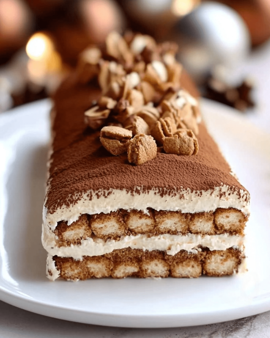 Bûche tiramisu aux spéculoos avec cacao et décoration élégante