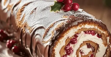 Bûche de Noël légère et fruitée aux framboises décorée de feuilles de menthe et de sucre glace.