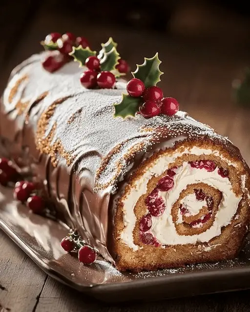 Bûche de Noël légère et fruitée aux framboises décorée de feuilles de menthe et de sucre glace.