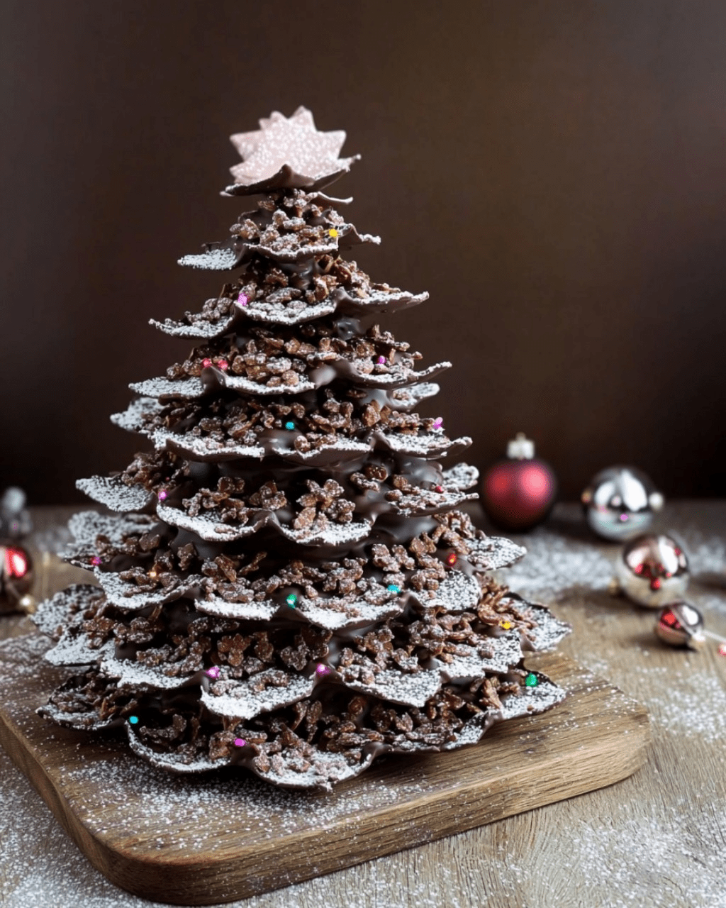 Sapin de Noël Rose des Sables en chocolat décoré de sucre glace pour un effet neigeux.