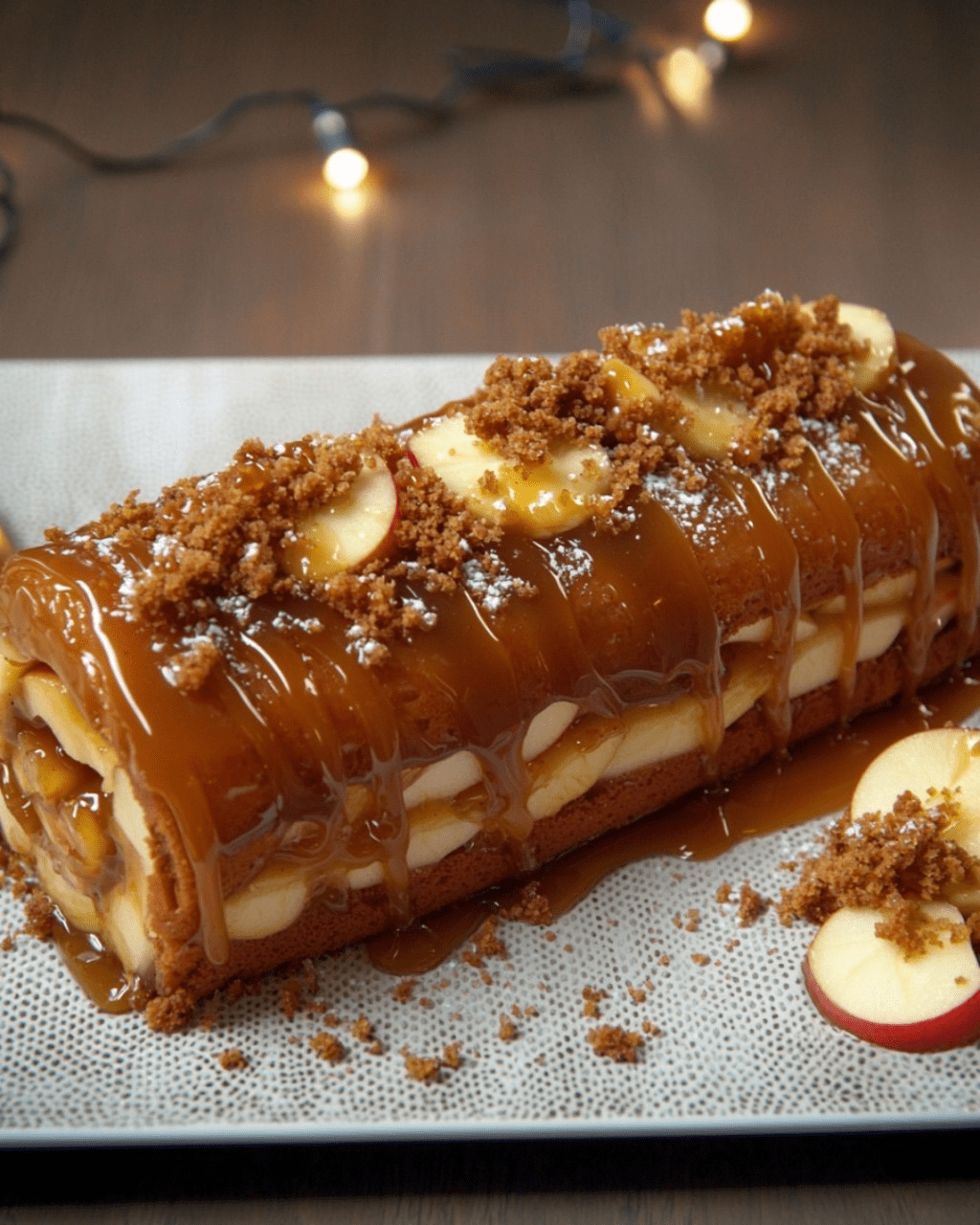 Bûche de Noël caramel, pommes fondantes et spéculoos élégamment décorée.